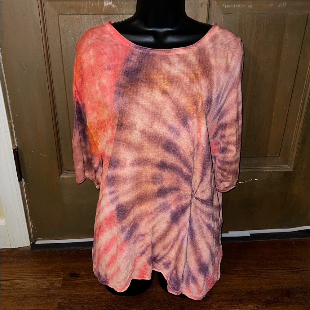 By Together Brown, Red & Purple Tie-Dye Linen Scoop Neck Short Sleeve Top Size L - Picture 2 of 13